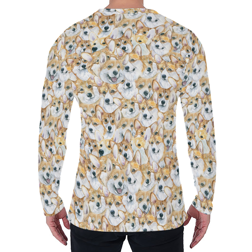 Watercolor Corgi Pattern Print Men's Long Sleeve T-Shirt