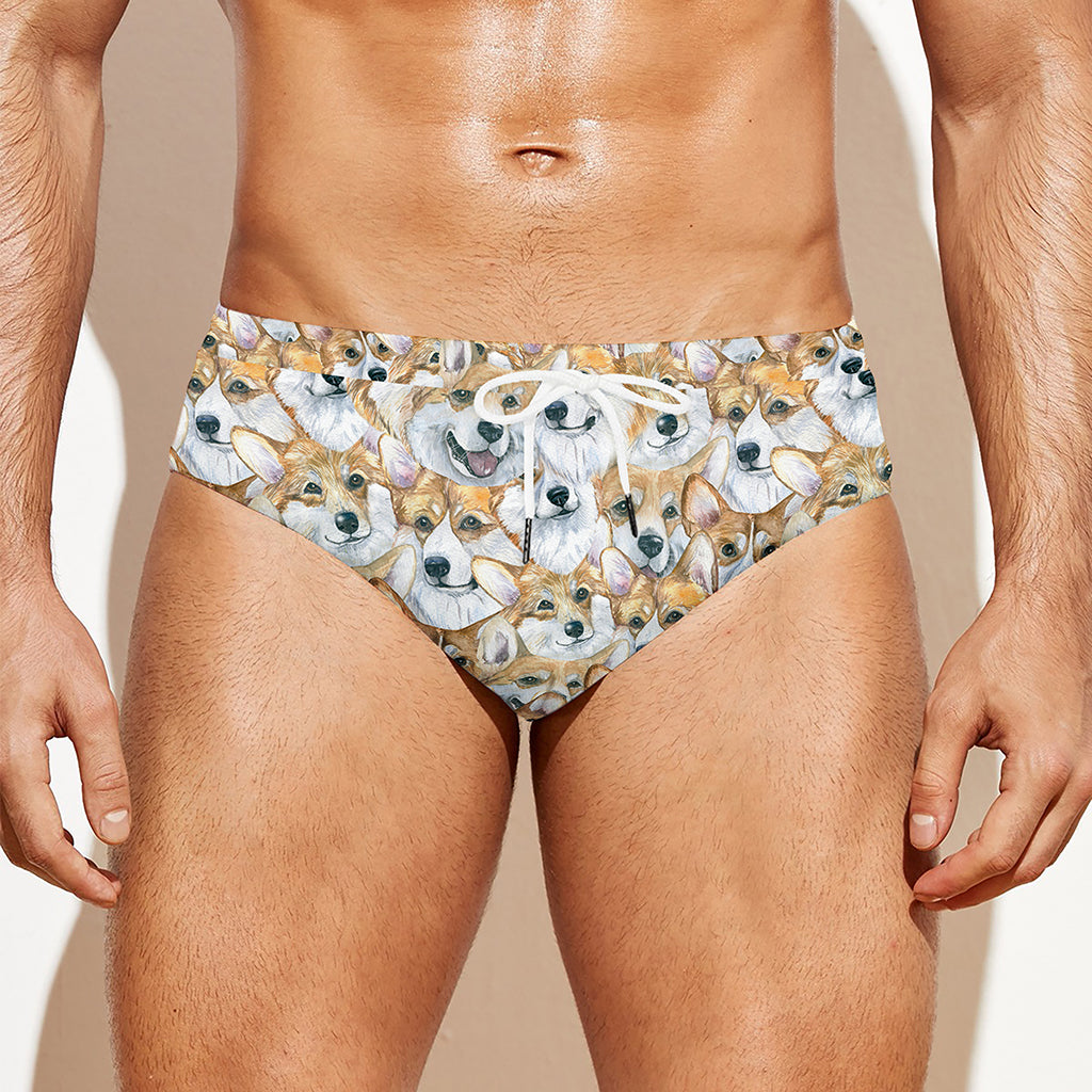 Watercolor Corgi Pattern Print Men's Swim Briefs