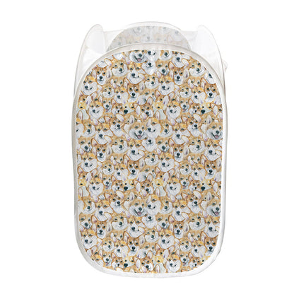 Watercolor Corgi Pattern Print Mesh Laundry Hamper