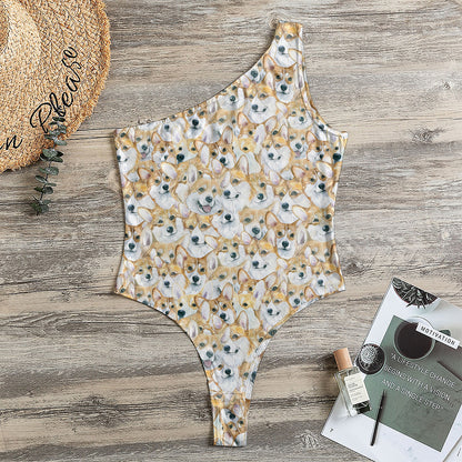 Watercolor Corgi Pattern Print One Shoulder Bodysuit