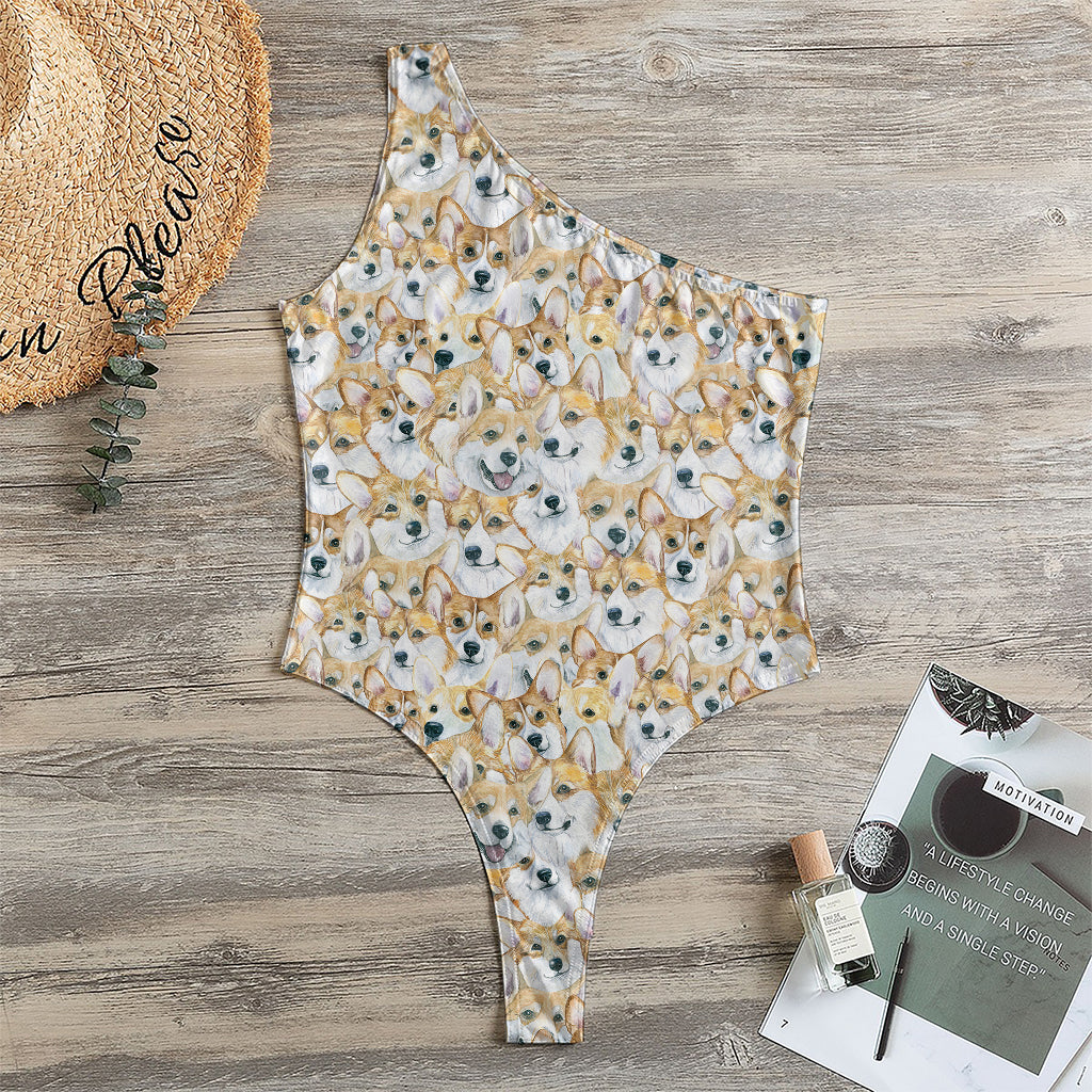 Watercolor Corgi Pattern Print One Shoulder Bodysuit