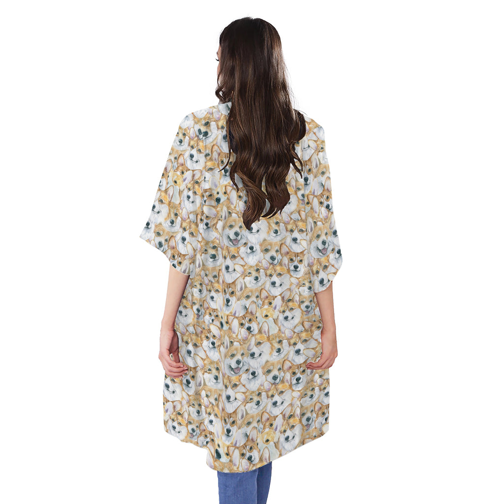 Watercolor Corgi Pattern Print Open Front Beach Cover Up