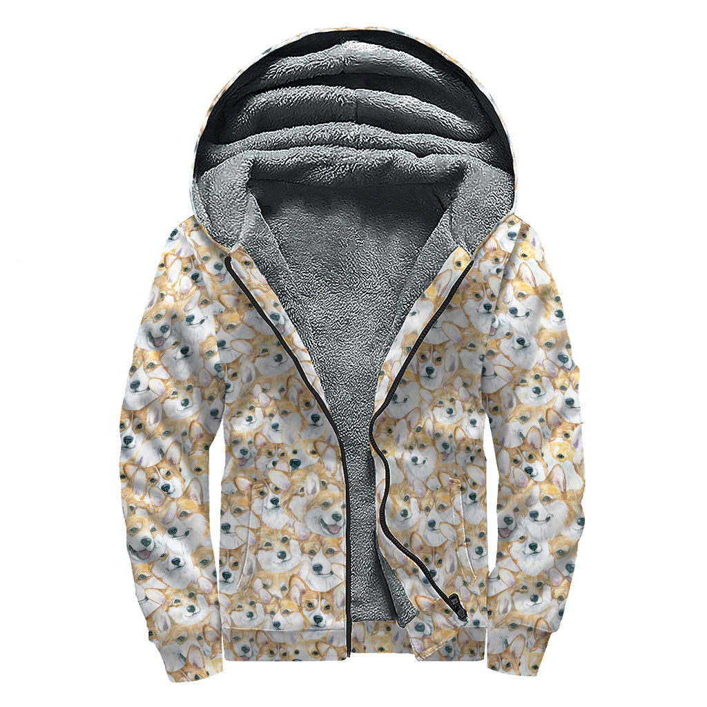 Watercolor Corgi Pattern Print Sherpa Lined Zip Up Hoodie