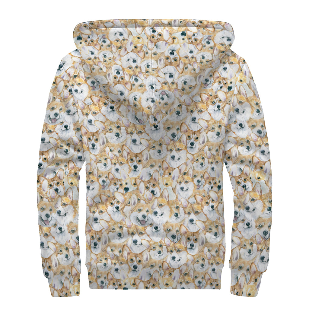 Watercolor Corgi Pattern Print Sherpa Lined Zip Up Hoodie