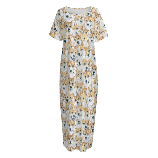 Watercolor Corgi Pattern Print Short Sleeve Long Nightdress
