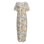 Watercolor Corgi Pattern Print Short Sleeve Long Nightdress