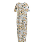 Watercolor Corgi Pattern Print Short Sleeve Long Nightdress