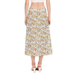 Watercolor Corgi Pattern Print Side Slit Midi Skirt