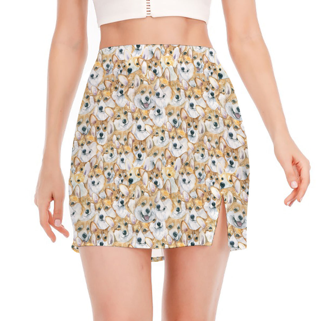 Watercolor Corgi Pattern Print Side Slit Mini Skirt