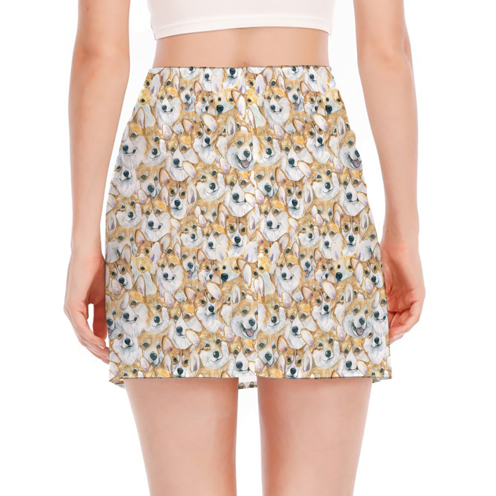 Watercolor Corgi Pattern Print Side Slit Mini Skirt