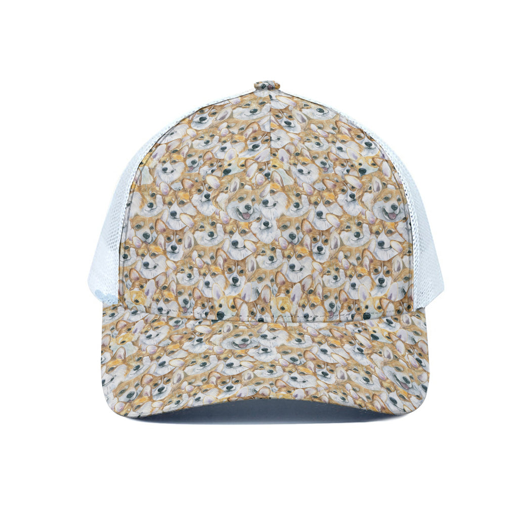 Watercolor Corgi Pattern Print White Mesh Trucker Cap
