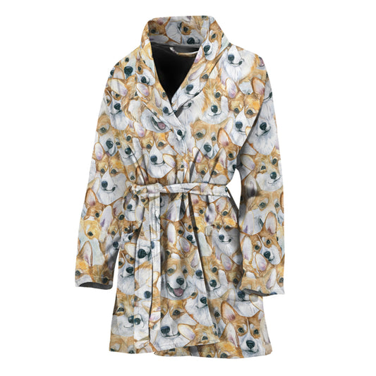 Watercolor Corgi Pattern Print Women's Bathrobe