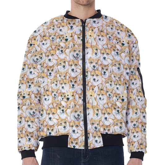 Watercolor Corgi Pattern Print Zip Sleeve Bomber Jacket