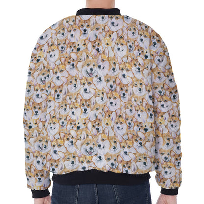 Watercolor Corgi Pattern Print Zip Sleeve Bomber Jacket