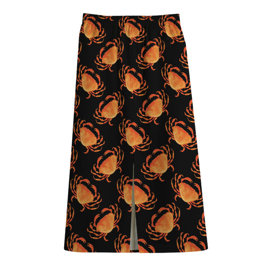 Watercolor Crab Pattern Print Cotton Front Slit Maxi Skirt