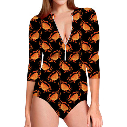 Watercolor Crab Pattern Print Long Sleeve Swimsuit