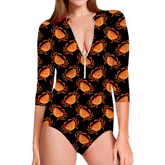 Watercolor Crab Pattern Print Long Sleeve Swimsuit