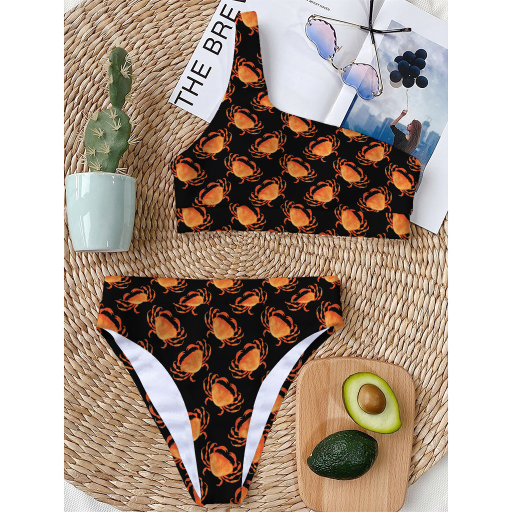 Watercolor Crab Pattern Print One Shoulder Bikini Top