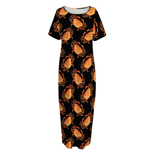 Watercolor Crab Pattern Print Short Sleeve Long Nightdress