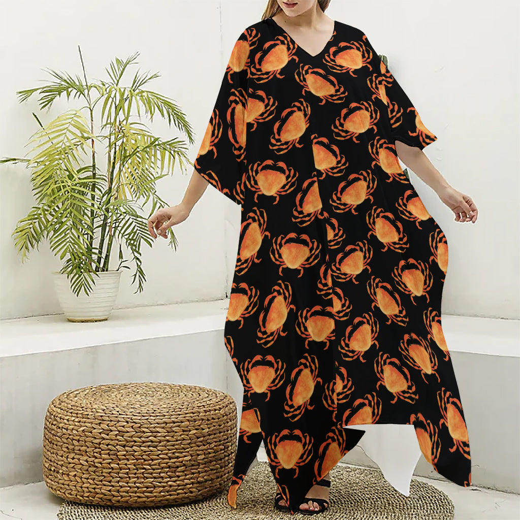 Watercolor Crab Pattern Print Silk V-Neck Kaftan Dress