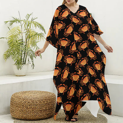 Watercolor Crab Pattern Print Silk V-Neck Kaftan Dress