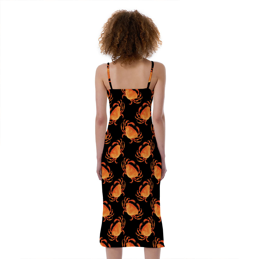 Watercolor Crab Pattern Print Slim Fit Midi Cami Dress