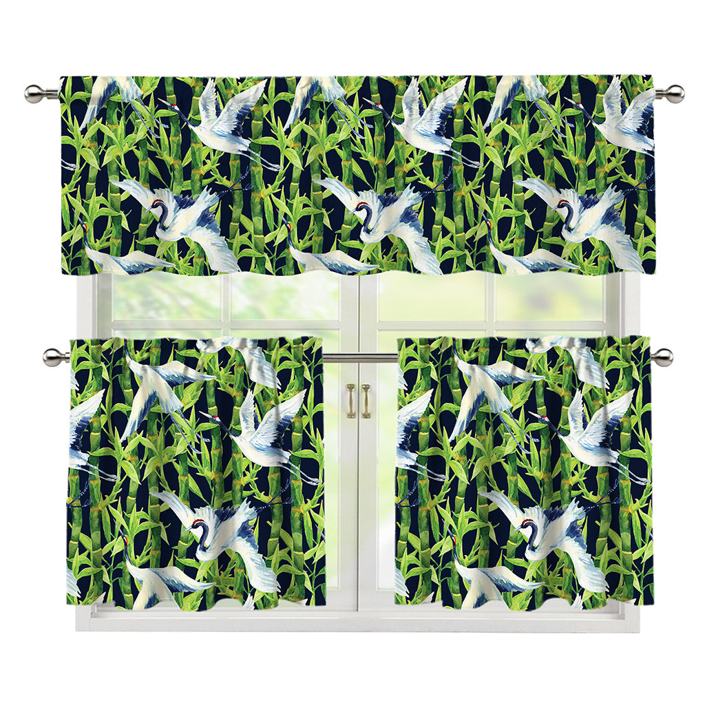 Watercolor Crane Bird Pattern Print 3 Piece Kitchen Curtains