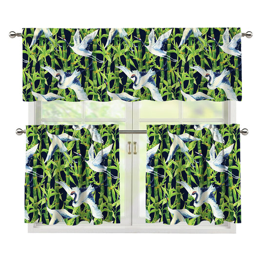 Watercolor Crane Bird Pattern Print 3 Piece Kitchen Curtains