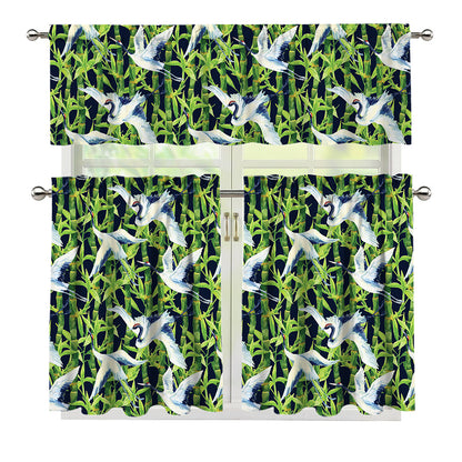 Watercolor Crane Bird Pattern Print 3 Piece Kitchen Curtains