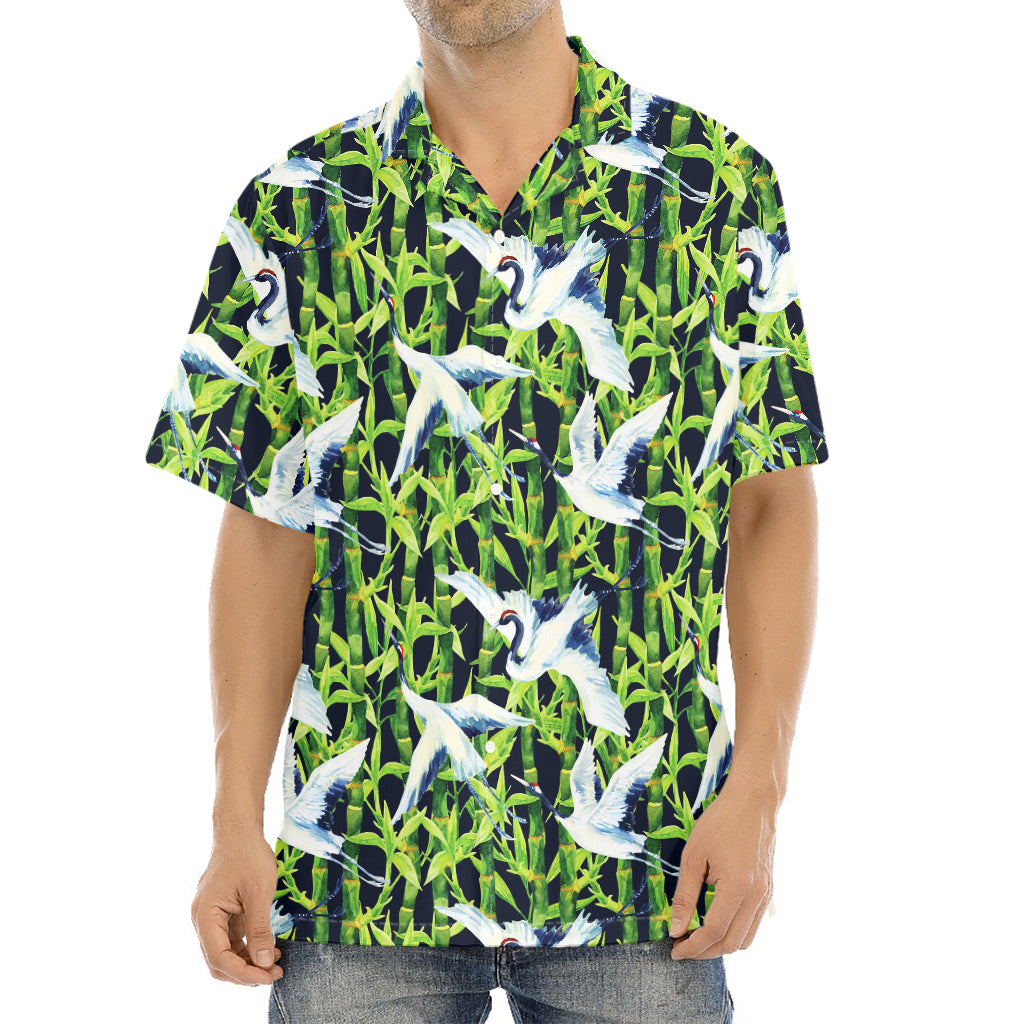 Watercolor Crane Bird Pattern Print Aloha Shirt