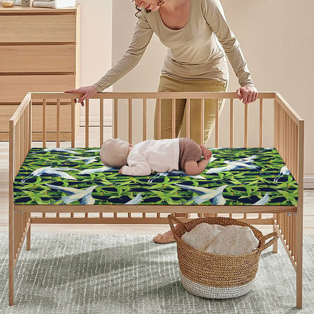 Watercolor Crane Bird Pattern Print Baby Crib Sheet