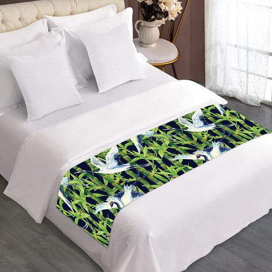 Watercolor Crane Bird Pattern Print Bed Runner