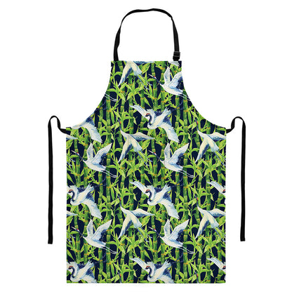 Watercolor Crane Bird Pattern Print Bib Apron With Pocket