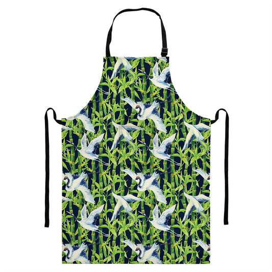 Watercolor Crane Bird Pattern Print Bib Apron With Pocket