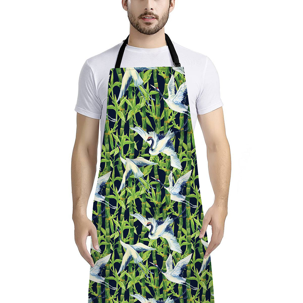 Watercolor Crane Bird Pattern Print Bib Apron With Pocket