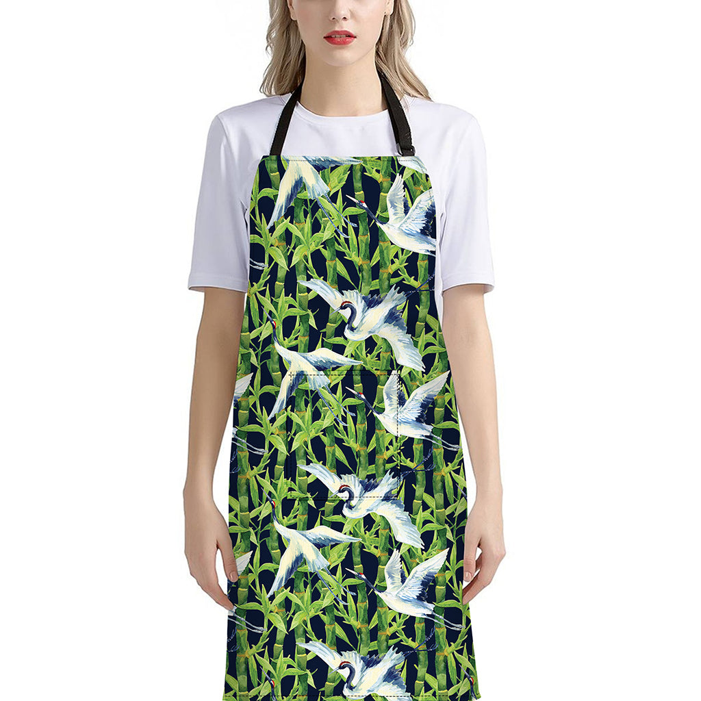 Watercolor Crane Bird Pattern Print Bib Apron With Pocket