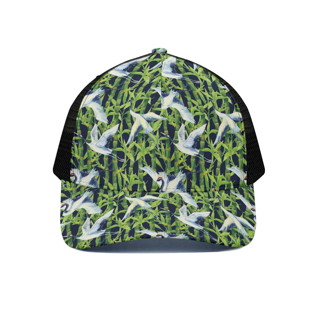 Watercolor Crane Bird Pattern Print Black Mesh Trucker Cap