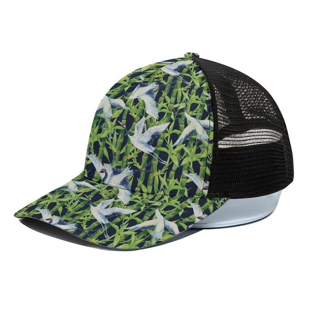 Watercolor Crane Bird Pattern Print Black Mesh Trucker Cap