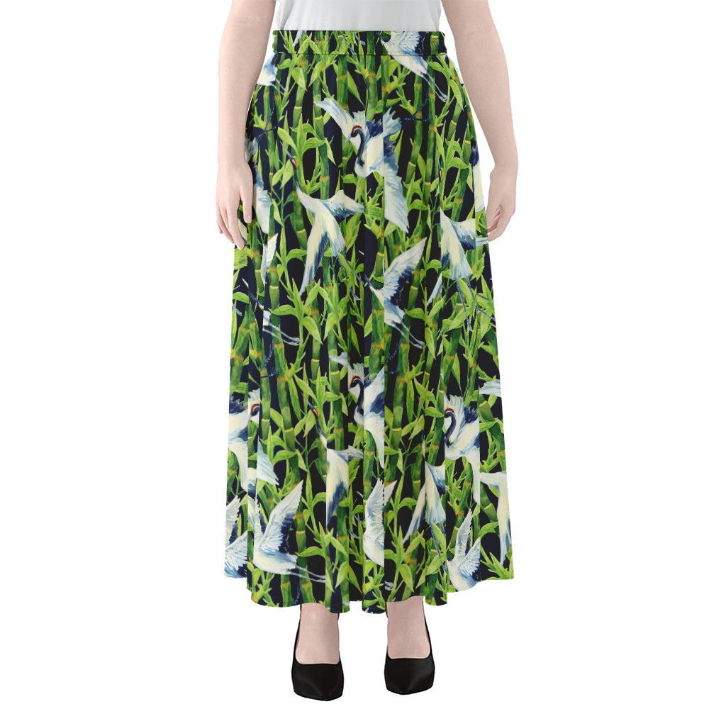 Watercolor Crane Bird Pattern Print Chiffon Maxi Skirt