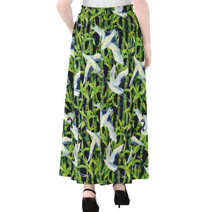 Watercolor Crane Bird Pattern Print Chiffon Maxi Skirt