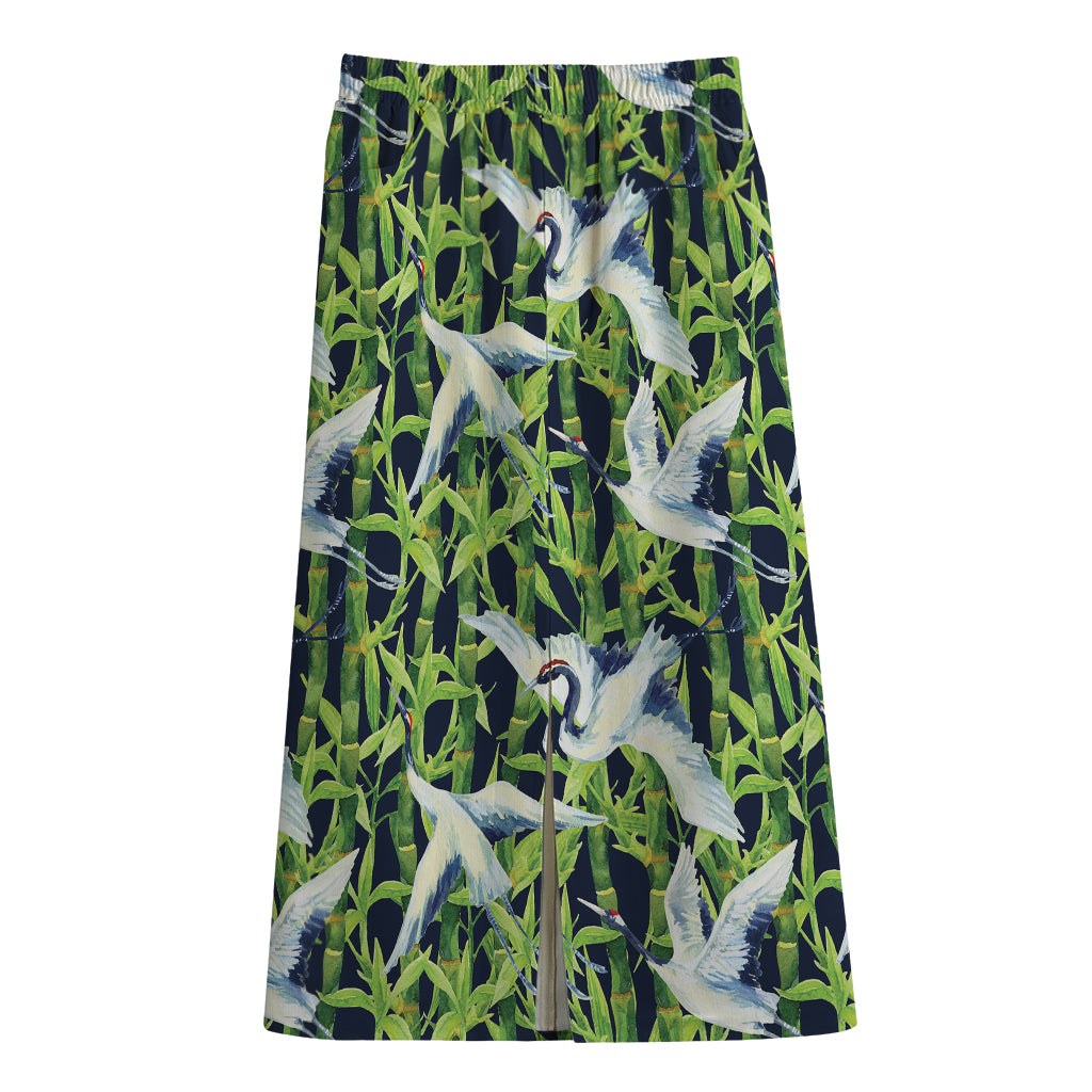 Watercolor Crane Bird Pattern Print Cotton Front Slit Maxi Skirt