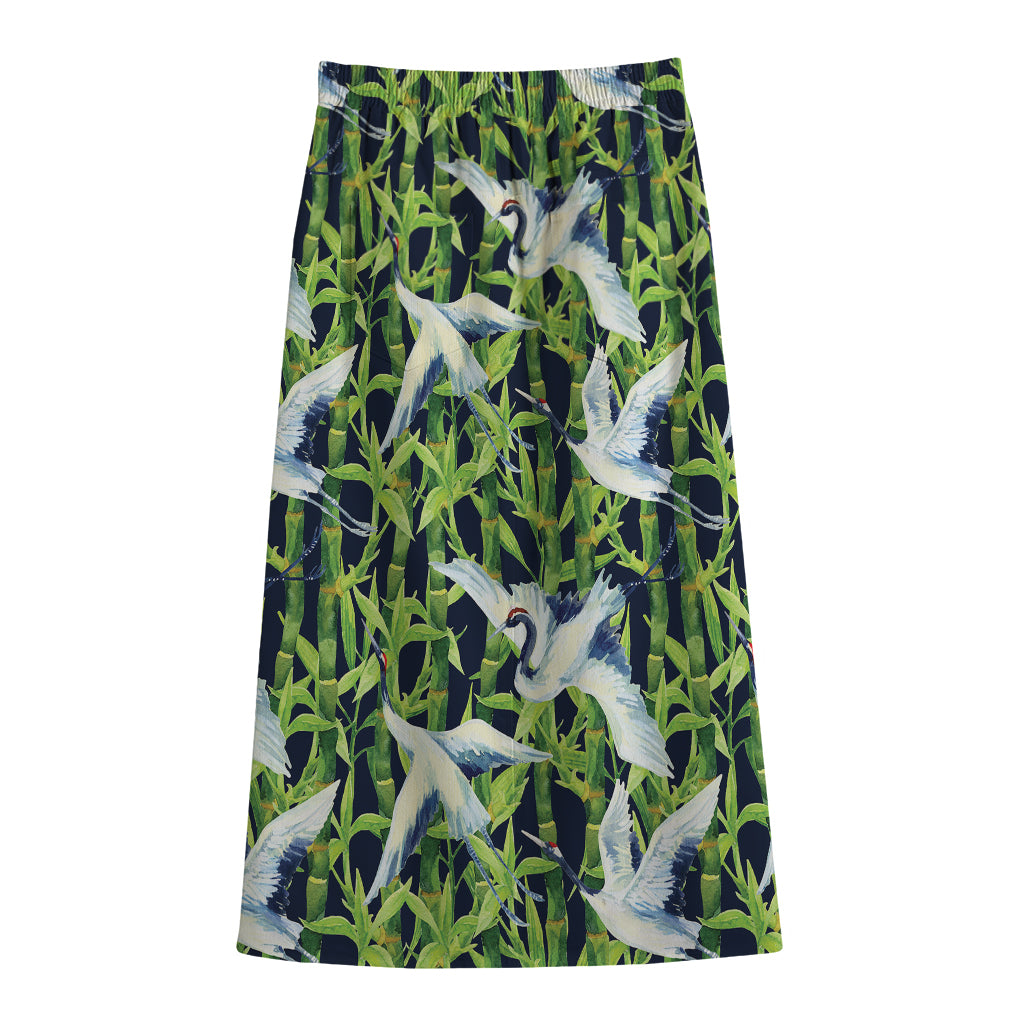 Watercolor Crane Bird Pattern Print Cotton Front Slit Maxi Skirt