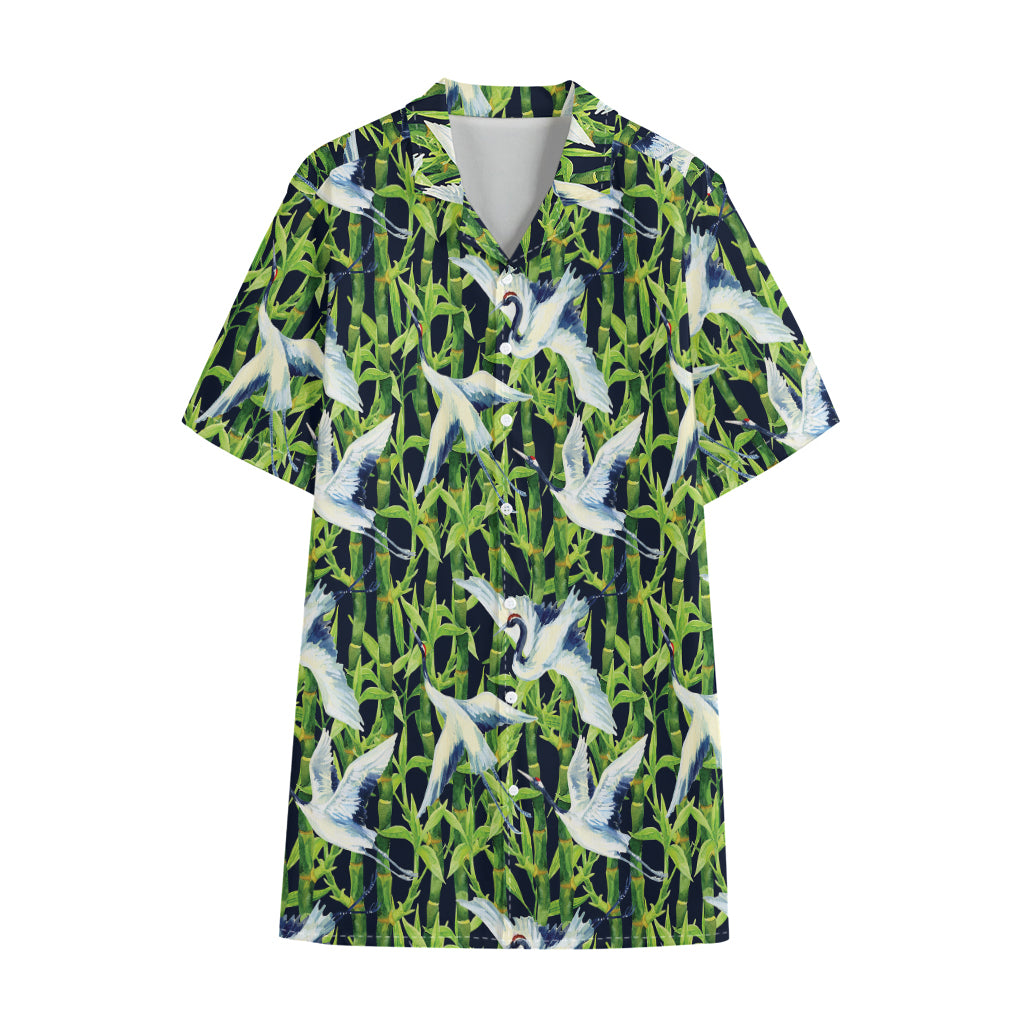 Watercolor Crane Bird Pattern Print Cotton Hawaiian Shirt