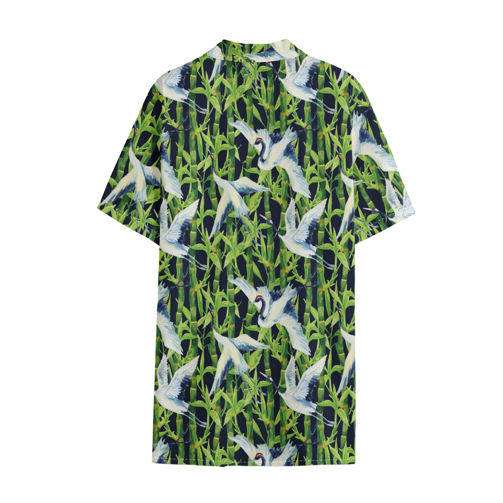 Watercolor Crane Bird Pattern Print Cotton Hawaiian Shirt