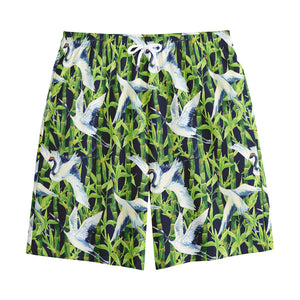 Watercolor Crane Bird Pattern Print Cotton Shorts