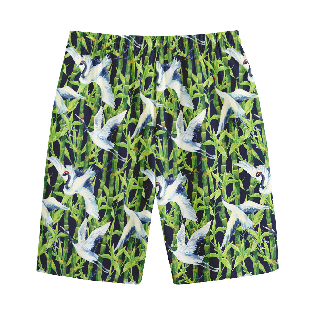 Watercolor Crane Bird Pattern Print Cotton Shorts