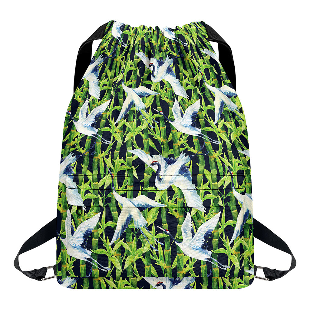 Watercolor Crane Bird Pattern Print Drawstring Backpack