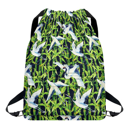 Watercolor Crane Bird Pattern Print Drawstring Backpack