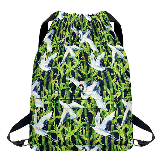 Watercolor Crane Bird Pattern Print Drawstring Backpack