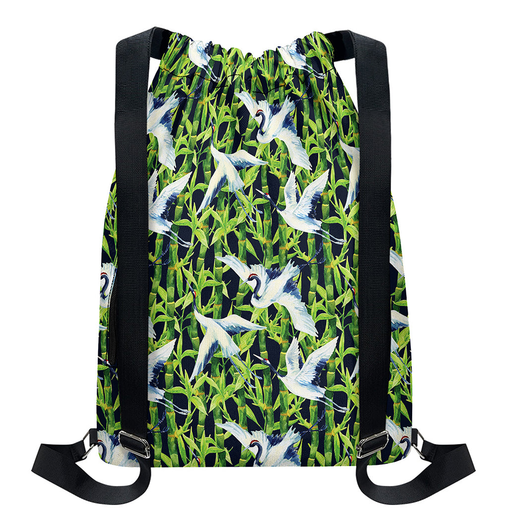Watercolor Crane Bird Pattern Print Drawstring Backpack